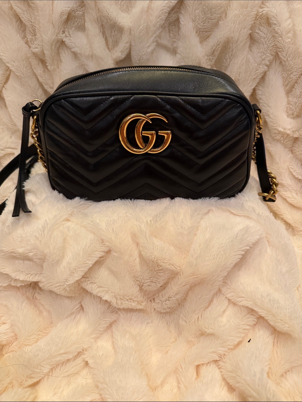 Gucci Black Leather GG Marmont Chevron Camera Bag with Gold Hardware